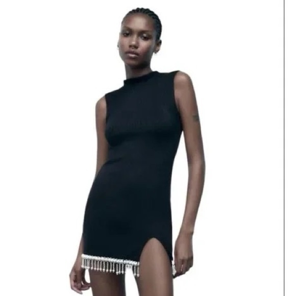 NWT Zara Black Soft Dress with Pearls S - Picture 1 of 7